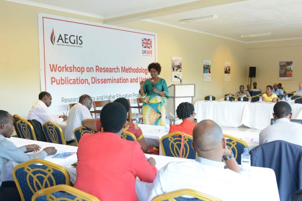 University of Rwanda lecturer Alice Karekezi presents at the Aegis Trust workshop